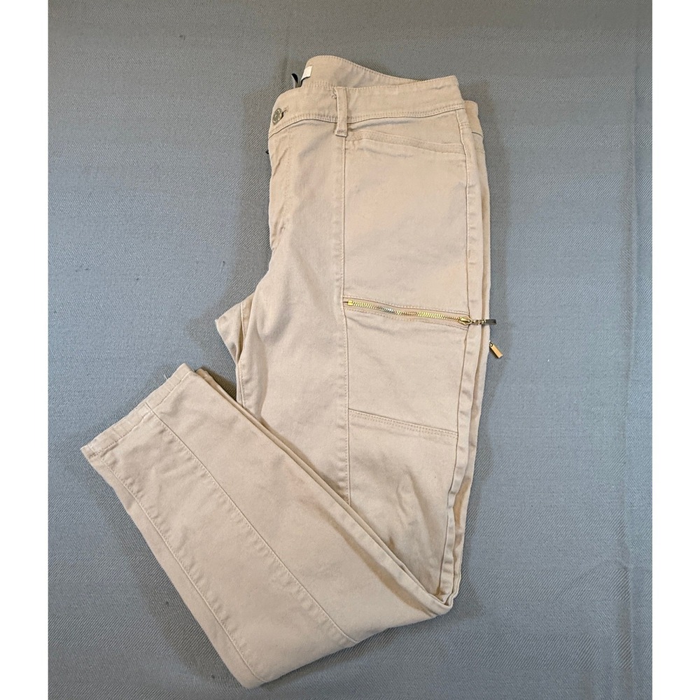 White House Black Market Tan Khaki Cargo Slim Pants Gold Zip Size 10 Utility - Picture 2 of 9
